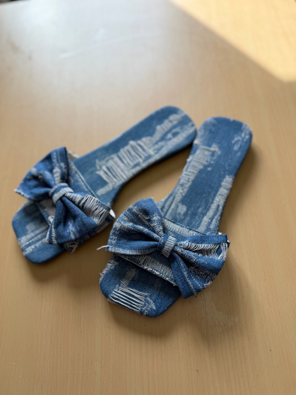 Denim Bow Slide Sandals - Blue